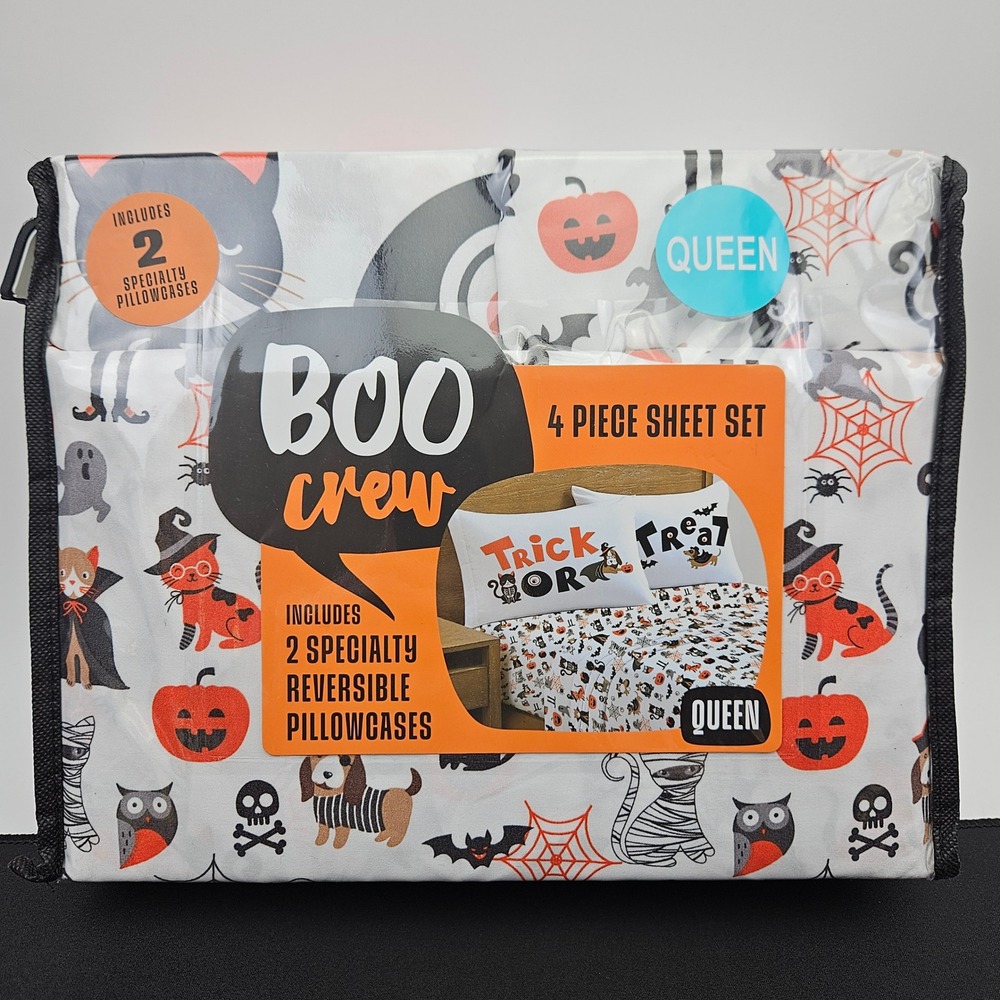 Queen Halloween Boo Crew 4‎ Piece Sheet Set 2 Specialty Reversible Pillowcases